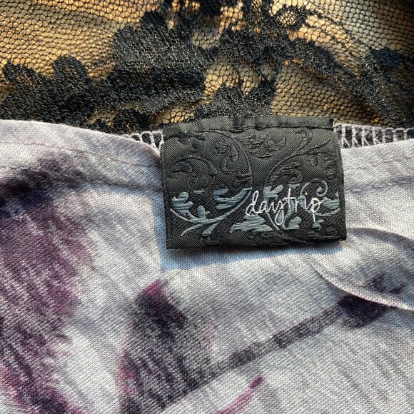 Daytrip Overlay Top, Gray/Grey with Purple &Turquoise Floral, Black Lace Back - Picture 5 of 6